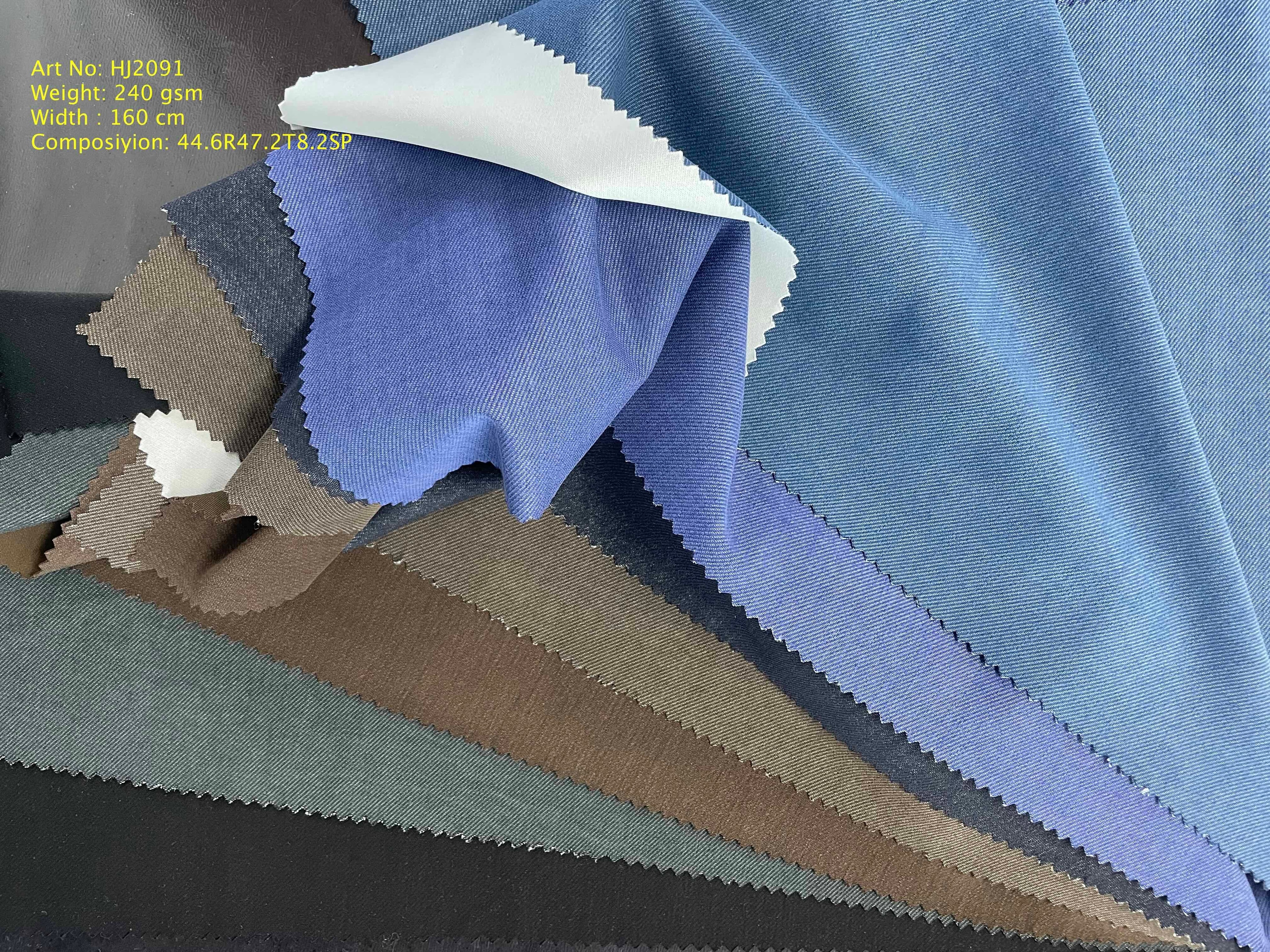 Art No: HJ2091 — 44.6% R 47.2% Ten 8.2% SP, 240 gsm, 160 cm width